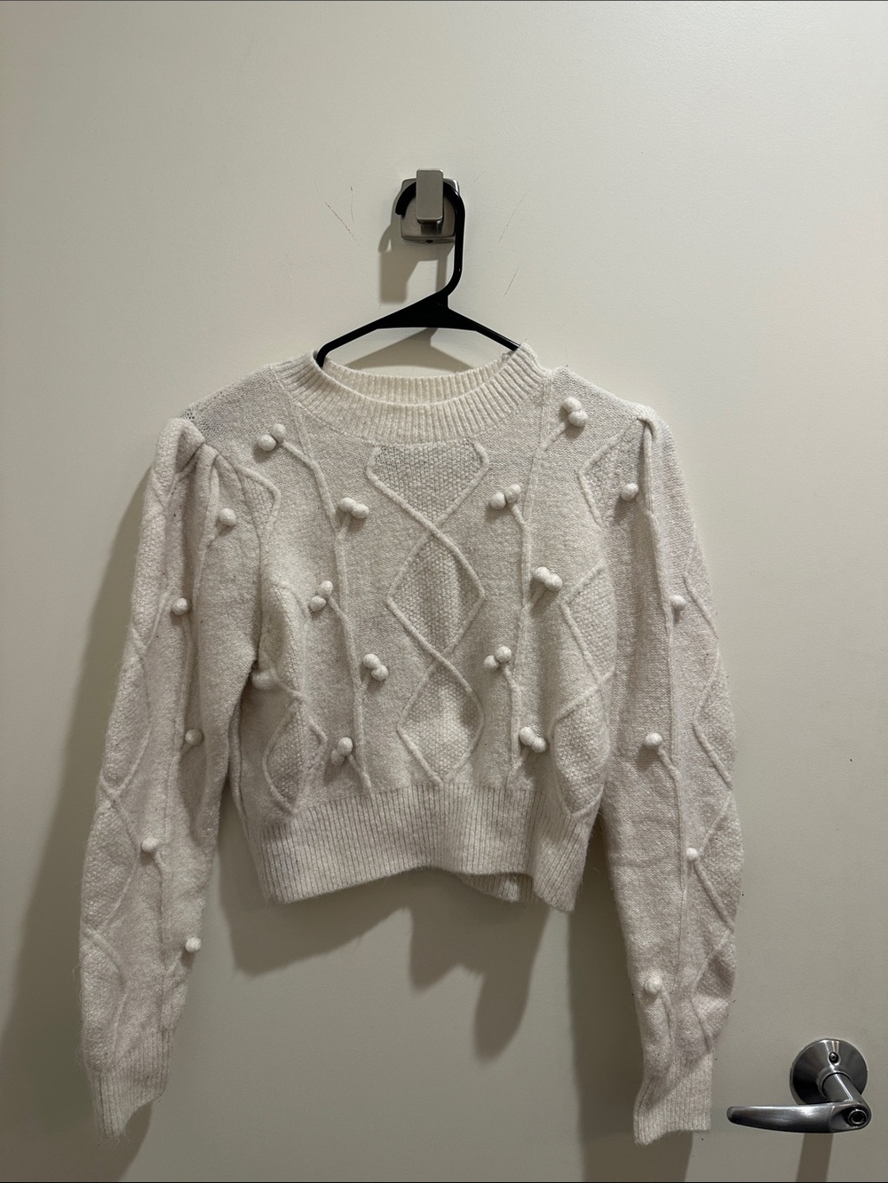 Elodie Cream Pom-Pom Cable Knit Crew Sweater